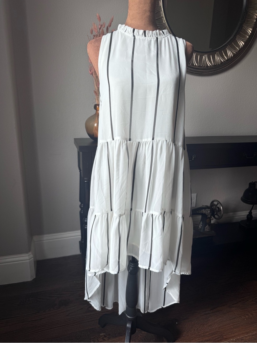 ELLIATT White Tiered High-Low Dress with Black Stripes
